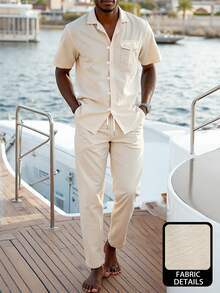 VENTUSAIL 男士休闲纯色短袖衬衫和抽绳腰短裤套装，夏季男士两件套，夏季男士休闲短裤两件套，白色沙滩装，男士短裤套装，男士衬衫套装，男士条纹纽扣衬衫短裤套装 - 杏色 - 查看 2