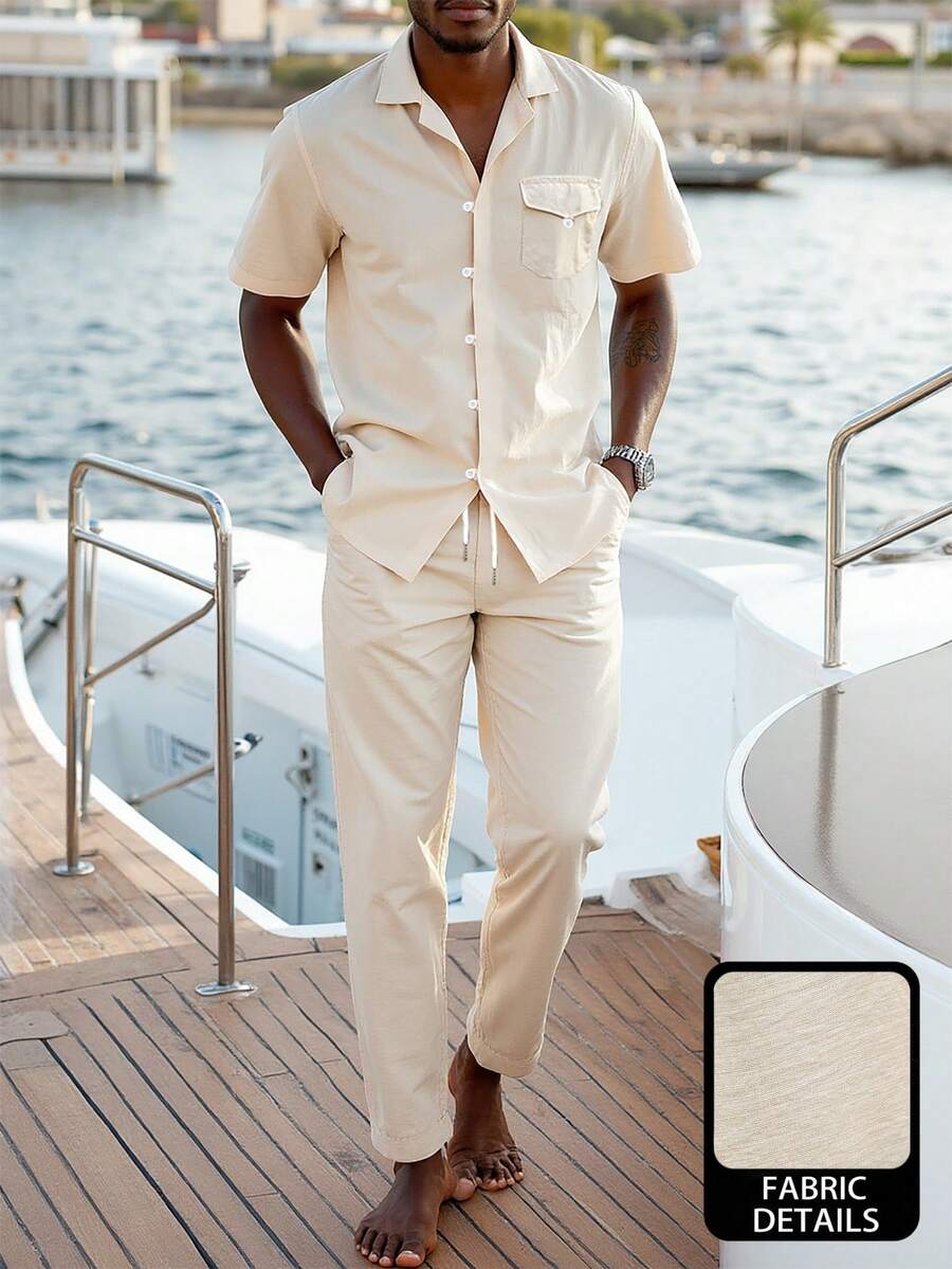 VENTUSAIL 男士休闲纯色短袖衬衫和抽绳腰短裤套装，夏季男士两件套，夏季男士休闲短裤两件套，白色沙滩装，男士短裤套装，男士衬衫套装，男士条纹纽扣衬衫短裤套装