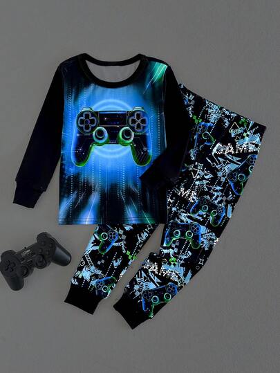 THE HAPPY LOOK Set de 2 piezas de pijama ajustado con estampado de control de juegos que brillan en la oscuridad para niños pequeños, con top de manga larga y pantalones de cintura elástica