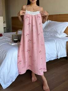 DAZY 女士花卉印花拼接饰边吊带睡裙 - 粉色 - 查看 4