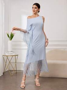 Al Najma Women's Fashion New Fringe Elegant Elegant Asymmetrical Neck Cinching Waist Dress - Blue and White - View 5