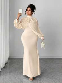 Elenzga 情人节加大码女士优雅圆领网纱拼接珍珠装饰长袖连衣裙，春夏新款时尚吊带裙配披肩 - 杏色 - 查看 3