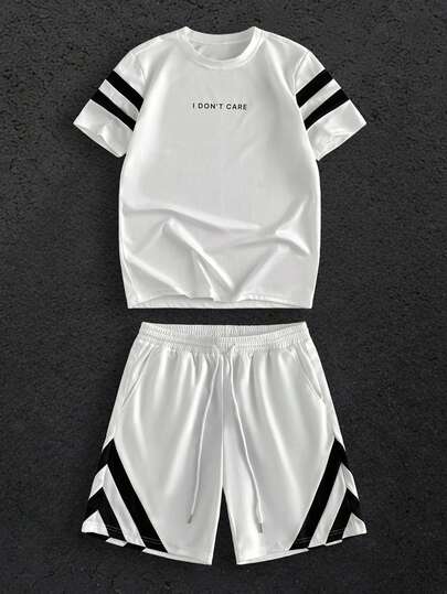 HIMLAND 男士条纹字母印花圆领短袖T恤和抽绳腰短裤套装