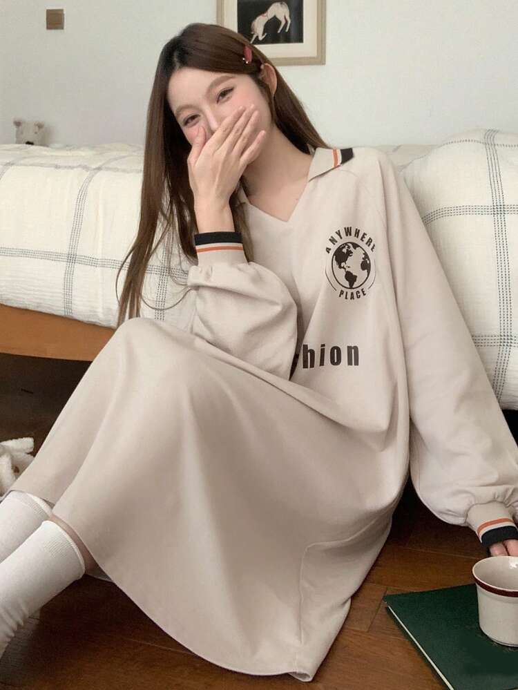 Printed Letter V-Neck Raglan Long Sleeve Loose Women's Nightgown, Women's Loungewear Dress