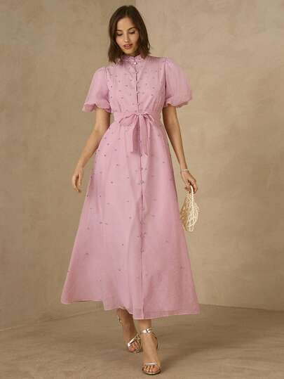 Enchnt Spring/Summer Romantic Women's Elegant Pink Rhinestone Puff Sleeve Long Dress, Elegant & Chic,Summer,Sweet&Elegant For Vacation&Date&Holiday&Going Out&Valentine's Day,Spring Outfit Women,Pink Sun Dress