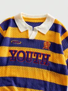 ROMWE MEN Men's Contrast Stripe Embroidered Knit Polo Shirt - Multicolor - View 3