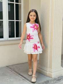 Firerie Kids Firerie Kids Đầm dệt kim không tay in hoa dành cho bé gái tuổi teen, đa năng cho mặc hàng ngày, thời trang, phù hợp cho đi chơi và nghỉ lễ. - trắng - Xem 5