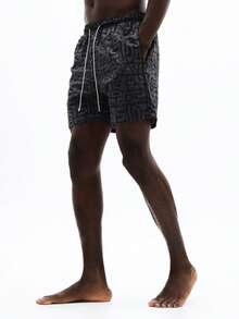 SUMWON Nylon Swim Shorts With All Over Pattern Design Summer Beach Swimming Trunks Casual Elastic Waistband Drawstring Closure Swimwear - Black - View 3