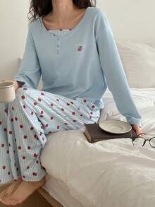 DAZY 两件套女士草莓图案拼接宽松长袖套头衫和裤子睡衣套装