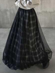 FRIFUL 女士春夏格子拼接薄纱A字宽松休闲百搭半身裙 - 黑色 - 查看 1