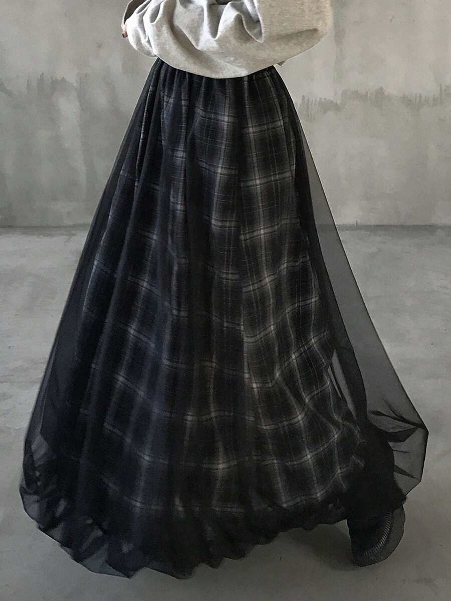 FRIFUL 女士春夏格子拼接薄纱A字宽松休闲百搭半身裙 - 黑色 - 查看 1