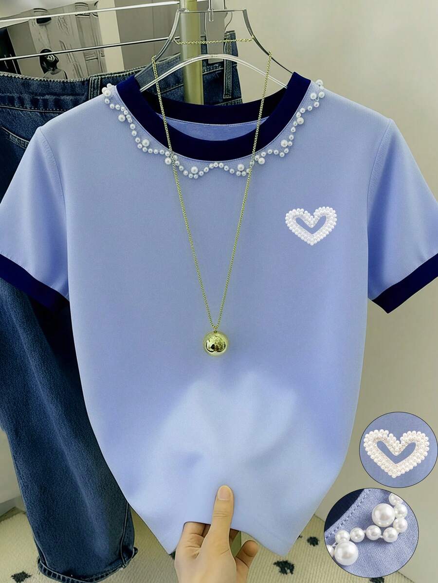 Resyla Women's Casual Rhinestone Decor Contrast Color Round Neck Short Sleeve T-Shirt, Summer - Multicolor - View 1