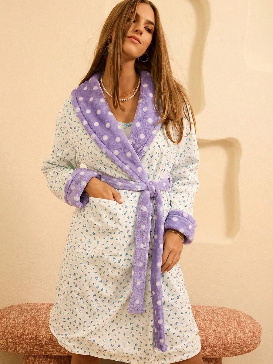 Aralina Women's Comfortable Polka Dot Print Loose Robe, Autumn/Winter - Purple - View 1
