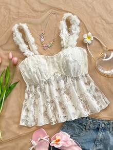 Soleia 女士夏季度假风提花薄纱花卉装饰吊带娃娃衫，适合夏季假期、海滩度假、休闲穿着，可爱夏季上衣 - 白色 - 查看 1