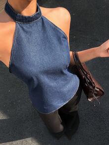 Siren Gaze Women's Blue Denim Top, Elegant Sleeveless Halter Neck Top, Summer Siren Style, Elegant Vacation Outfit. - Dark Wash - View 1