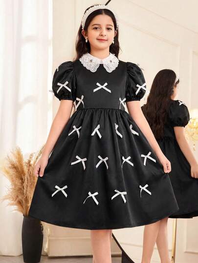 SHEIN 少女蝴蝶结蕾丝拼接短袖连衣裙