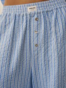 Aralina 两件套睡衣，条纹翻领荷叶边长袖灯笼袖纽扣衬衫搭配阔腿长裤，可爱舒适的圣诞睡衣 - 藍色 - 查看 8