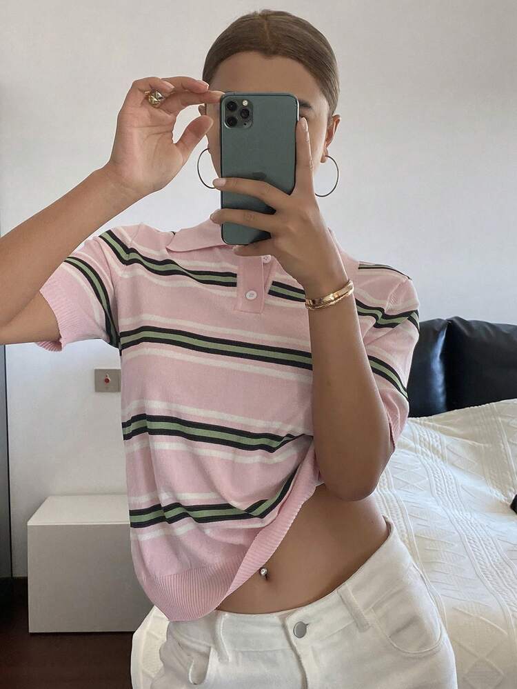 Women's Contrast Stripe Fitted Short Sleeve Polo Collar Casual Lightweight Knit Sweater Top, Spring/Autumn