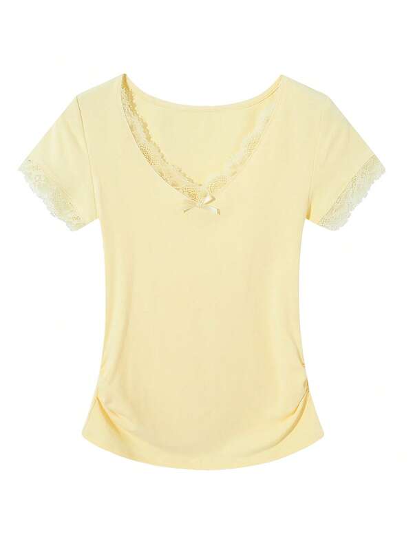 K-Vae Women's V-Neck Lace Patchwork Short Sleeve T-Shirt With Bow Decor