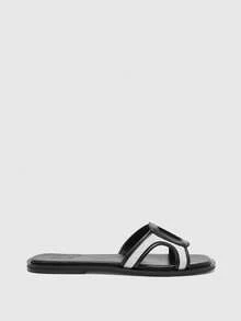 CUCCOO BIZCHIC Women's Square Toe Flats, Elegant Casual Simple Comfortable Slip-On PU Leather Sandals For Work Commute, Apricot - Black and White - View 8