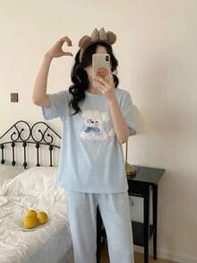 2pcs Women Summer Cute Cartoon 3D Dog Print Striped Round Neck Short Sleeve Loose Casual Pajama Set - Blue - View 4