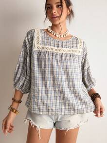 Freevana Women's Casual Loose Lace Patchwork Round Neck Blouse