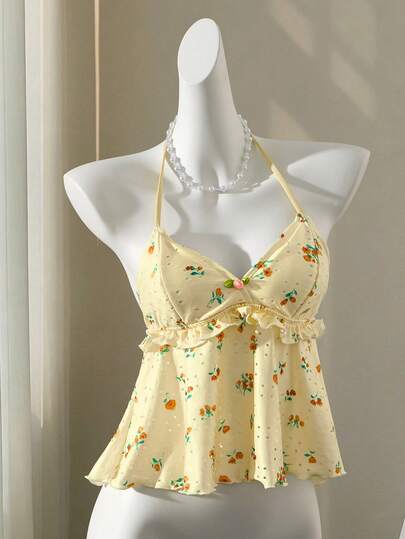 Elamini 女士夏季度假休闲荷叶边拼接蝴蝶结镂空碎花泳衣上装