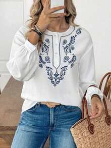 Louniche 女士春季休闲白色刺绣波西米亚风圆领半开襟长袖宽松复古碎花衬衫 - 白色 - 查看 1