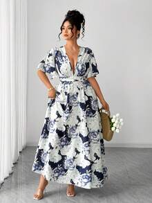Elenzga Plus Size Women V-Neck Navy Blue & White Floral Print Ruffle Sleeve Summer Elegant Wedding Guest Casual Maxi Wrap Dress For Parties,Graduation,Dates - Navy Blue - View 4