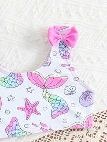 3件套女婴美人鱼图案卡通泳衣套装，沙滩度假 - 彩色 - 查看 3