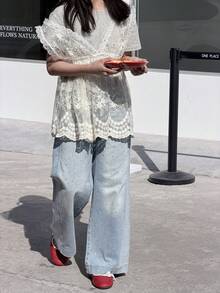 Dazy Kids Tween Girls' Casual Everyday Commute Fashion Street Rhinestone Washed Loose Wide Leg Jeans - Blue - View 8