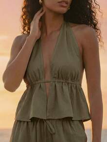 CAJUNI Women's Summer Vacation Halter Backless Army Green Top And Pants Set - Green - View 5