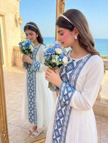 SHEIN Elegant Floral Print, Casual Modest Long Dress For Teen Girl, Suitable For Travel - White - View 8