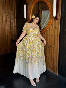 Vibekara Spring, Summer, Elegant, Vacation French Sweet Floral Placement Chiffon Puff Sleeve Sweetheart Neck Waist Cinched Fit & Flare Dress, Spring/Summer Women Outfit, Evening Gown, Birthday Dress - Multicolor - View 3