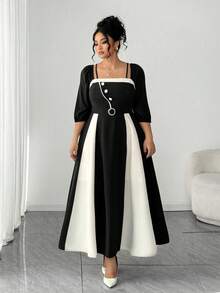 SHEIN Elenzya Vestido elegante de mujer talla grande con cuello cuadrado, mangas farol y diseño de botones en contraste de color - Negro - Ver 7