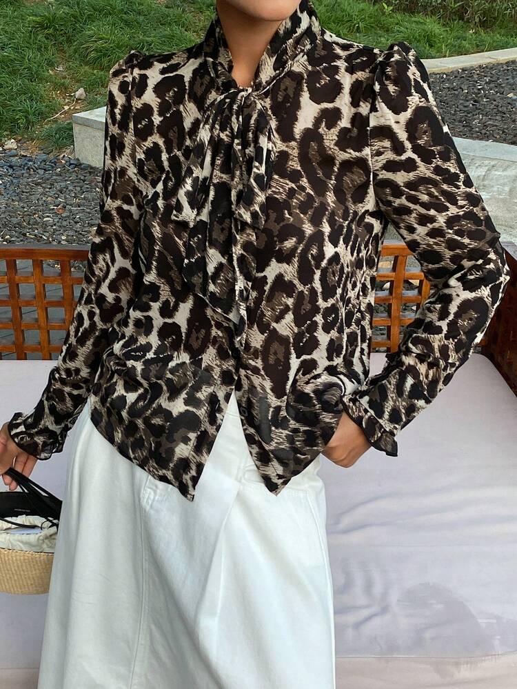 Women's Leopard Print Chiffon Blouse With Tie Collar, Loose Fit Long Sleeve Casual Street Shirt