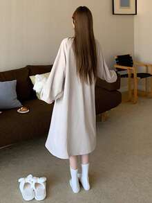 DAZY Printed Letter V-Neck Raglan Long Sleeve Loose Women's Nightgown, Women's Loungewear Dress - Apricot - View 2