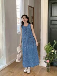 SHEIN Vestido vaquero azul oscuro de ajuste holgado sin mangas para adolescentes - Lavado ligero - Ver 3