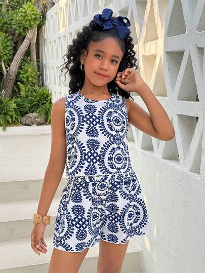 Tween Girls' Casual Sleeveless Printed Top And Shorts Set