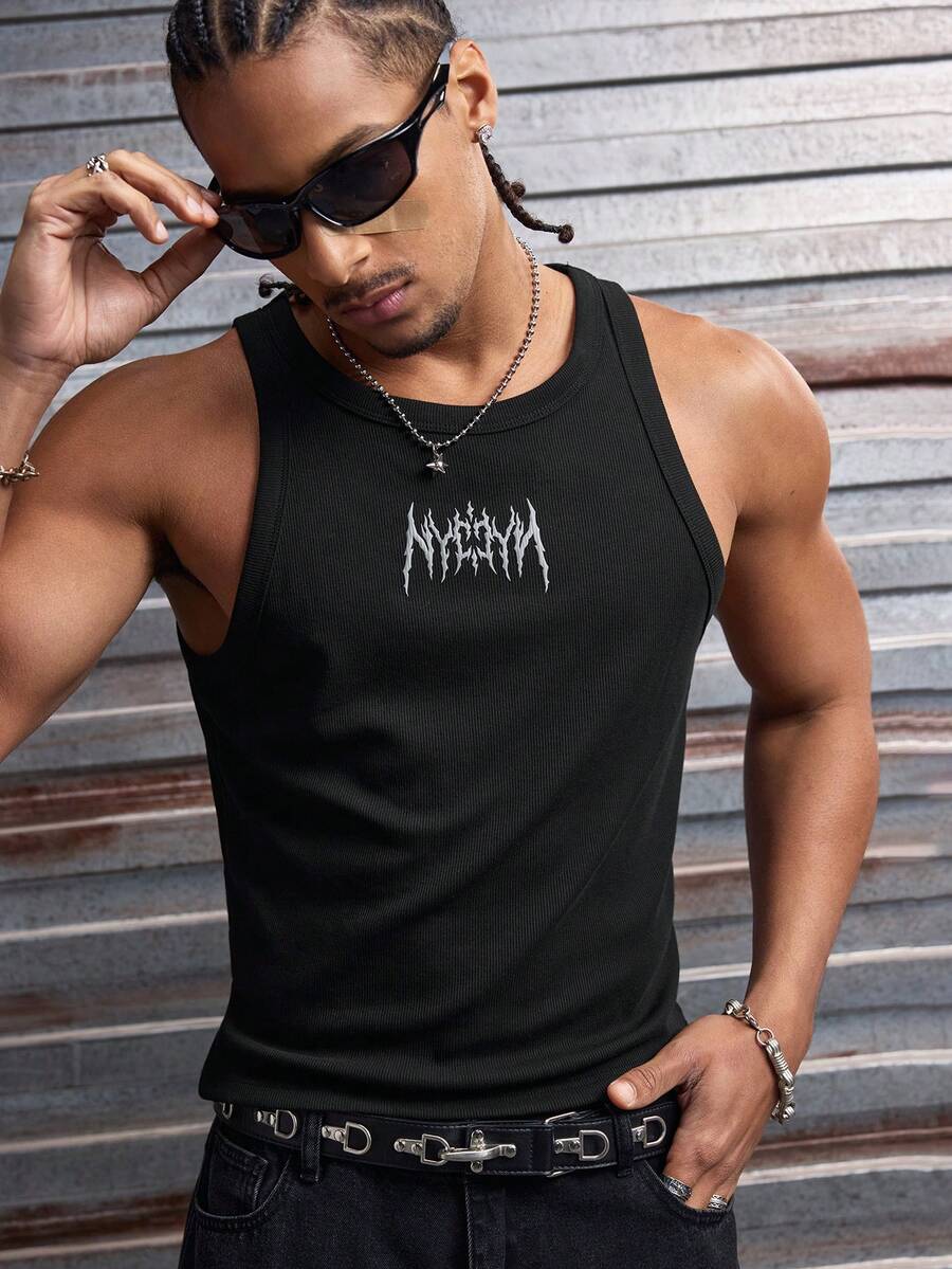 AXEPEAK Men's Casual Graphic Print Street Style Round Neck Tank Top, Summer - Black - View 1