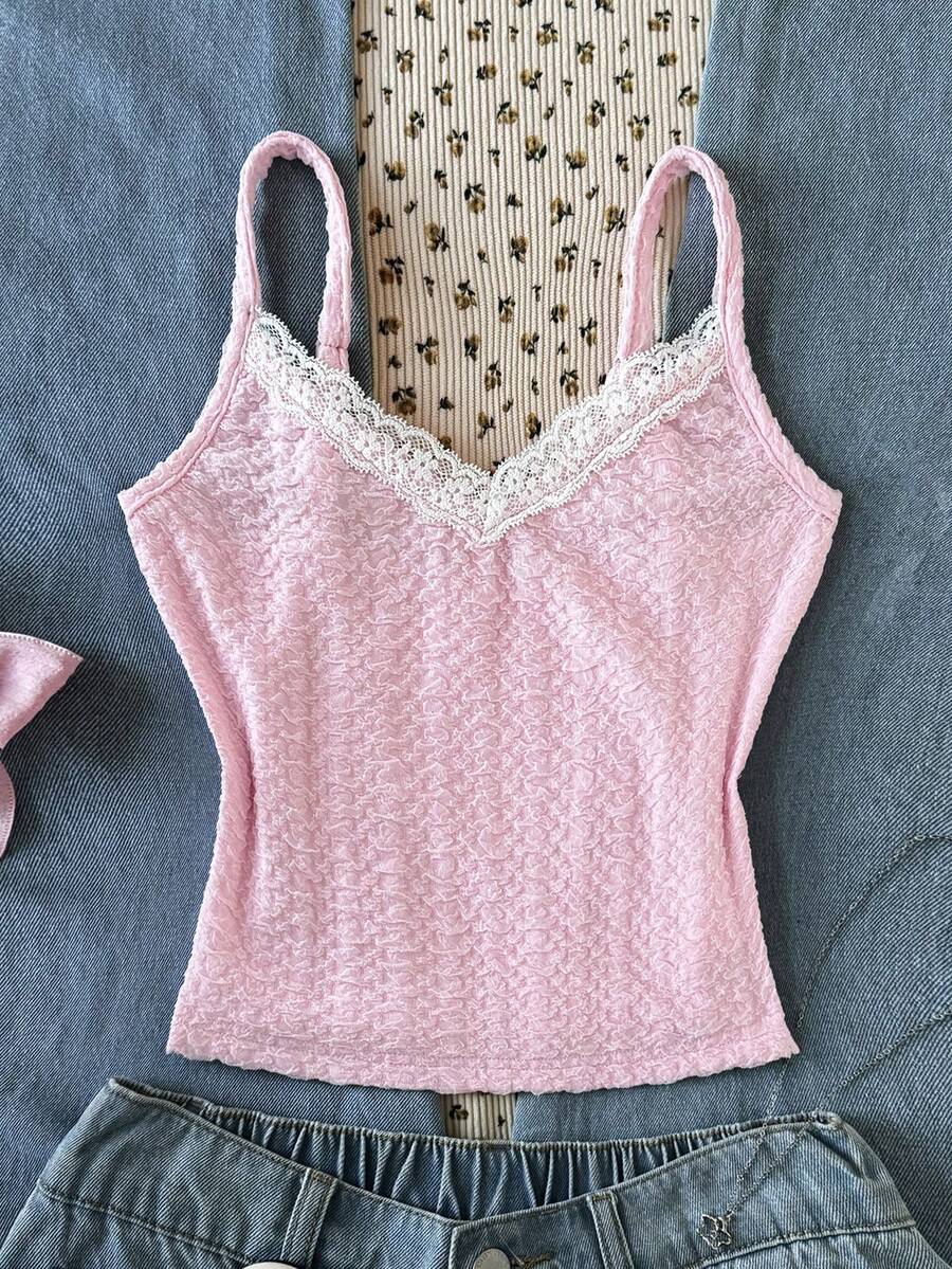SHEIN 少女粉白蕾丝芭蕾舞风格吊带背心
