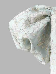 Girls' Summer Dress With Puff Sleeves, Jacquard Fabric, Bow Tie, A-Line Skirt, Fashion Elegant Dress, Suitable For Daily Wear, Afternoon Tea, Vacation, Photo Shoot, Ages 8-12 - Blue - View 3