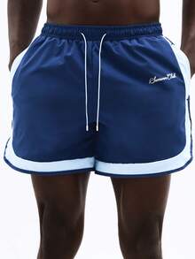 SUMWON Shorts de playa con rayas laterales y logotipo de texto para vacaciones de verano, natación y piscina - Azul - Ver 7