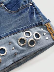 ROMWE J-Fashion Chân váy denim mini phong cách retro Y2K ánh kim, chân váy denim cỡ lớn - Màu xanh lam - Xem 3