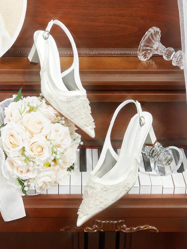 CUCCOO HITCHD Damskie haftowane, koralikowe, szpiczaste czółenka na grubym obcasie, siateczkowe czółenka z odkrytą piętą, eleganckie i modne na ślub, walentynki, przyjęcie herbaciane