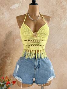 Soleia 女士度假休闲流苏下摆露背吊带针织上衣 - 黃色 - 查看 3