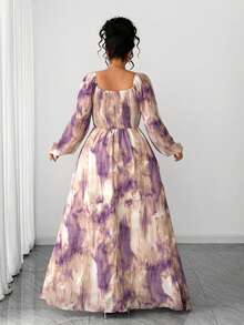 SHEIN Elenzya 大码女式优雅复古水墨扎染印花雪纺双层胸罩杯长袖连衣裙 - 紫色 - 查看 7