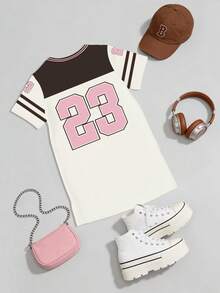 春夏秋季女童休闲时尚创意个性清新简约别致数字23徽章、五角星条纹、标语印花宽松短袖T恤裙，舒适日常穿着，温暖夏秋风格，适合春、夏、秋季穿着。