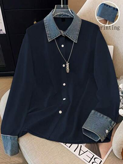 GlowEve قميص كاجوال أنيق بأكمام طويلة وتأثير الجينز المرقع للنساء في فصلي الخريف والشتاء