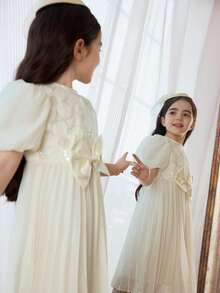 1pc Girls Princess Apricot White Dress,Summer Traditional Wedding,Embroidered Sequin Fabric,Lantern Puff Sleeves,Layered Ruffle Hem,Front Bow Decor - Apricot - View 8